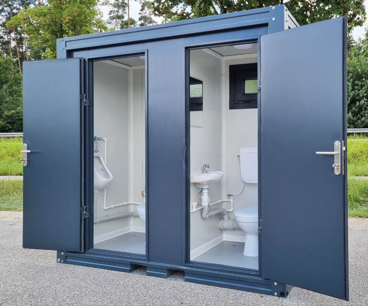 Contentor sanitário novo de 2,40 × 1,20 m com cabine dupla independente