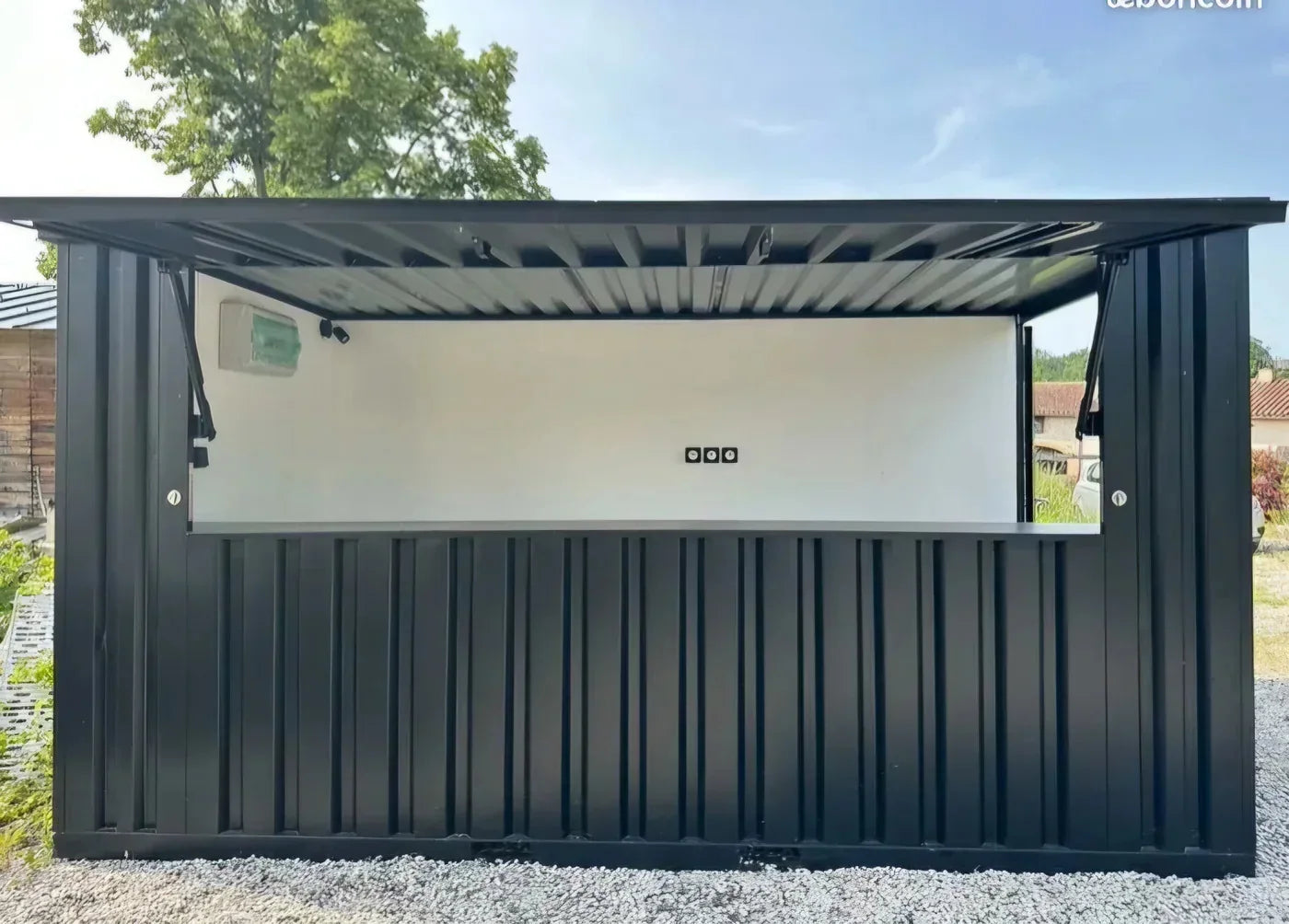 Contentor modular novo de 4 × 2 m, adaptado para servir de bar, snack-bar
