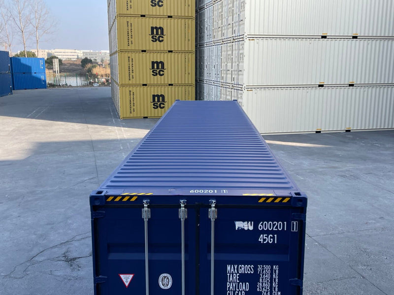Contentor marítimo novo de 40 pés High Cube (HC) em azul